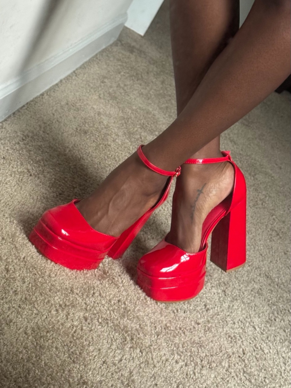 Bold Red Patent Platform Heels with Ankle Strap